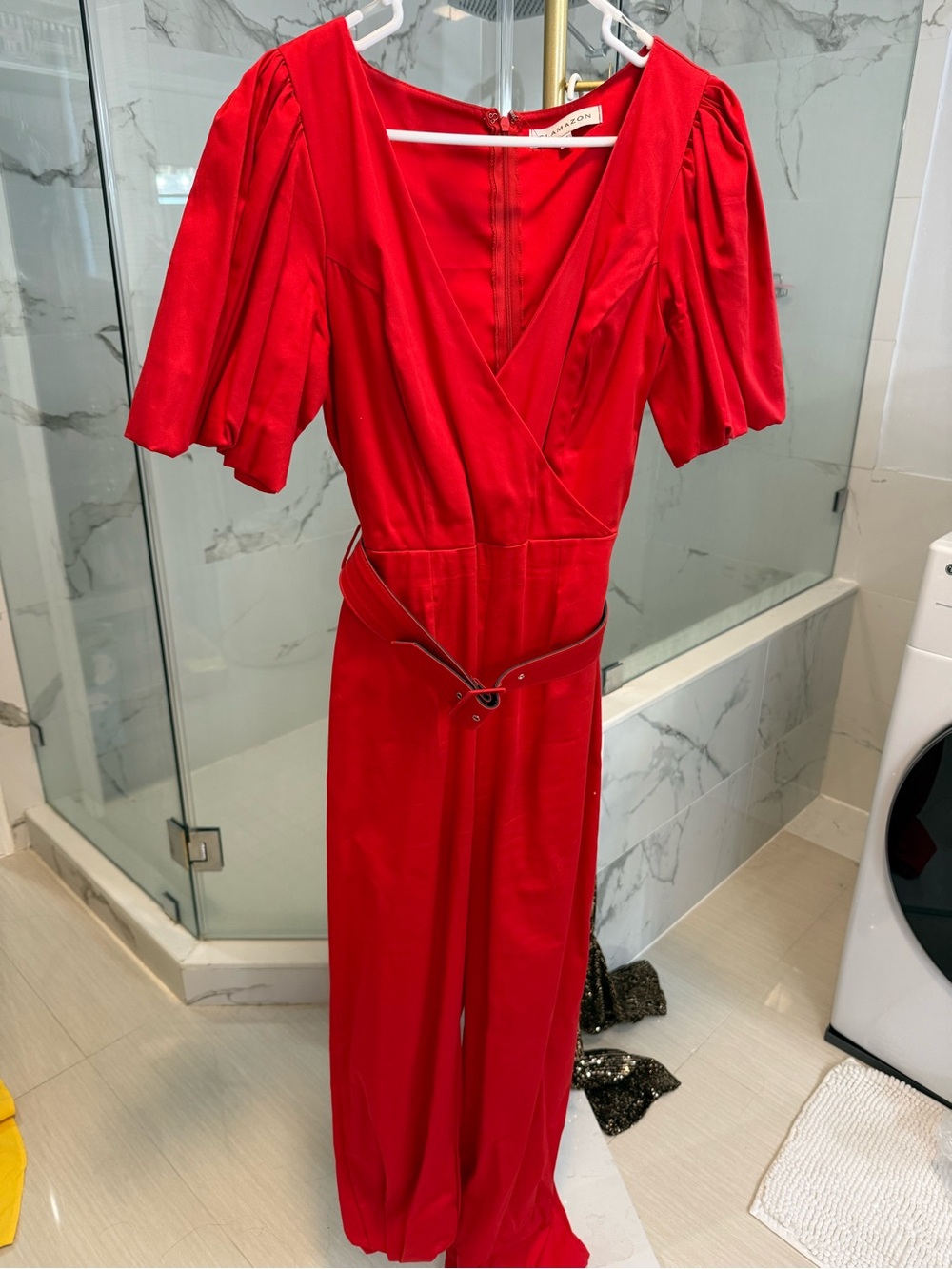 Amazon Red V-Neck Puff-Sleeve Jumpsuit with Belt